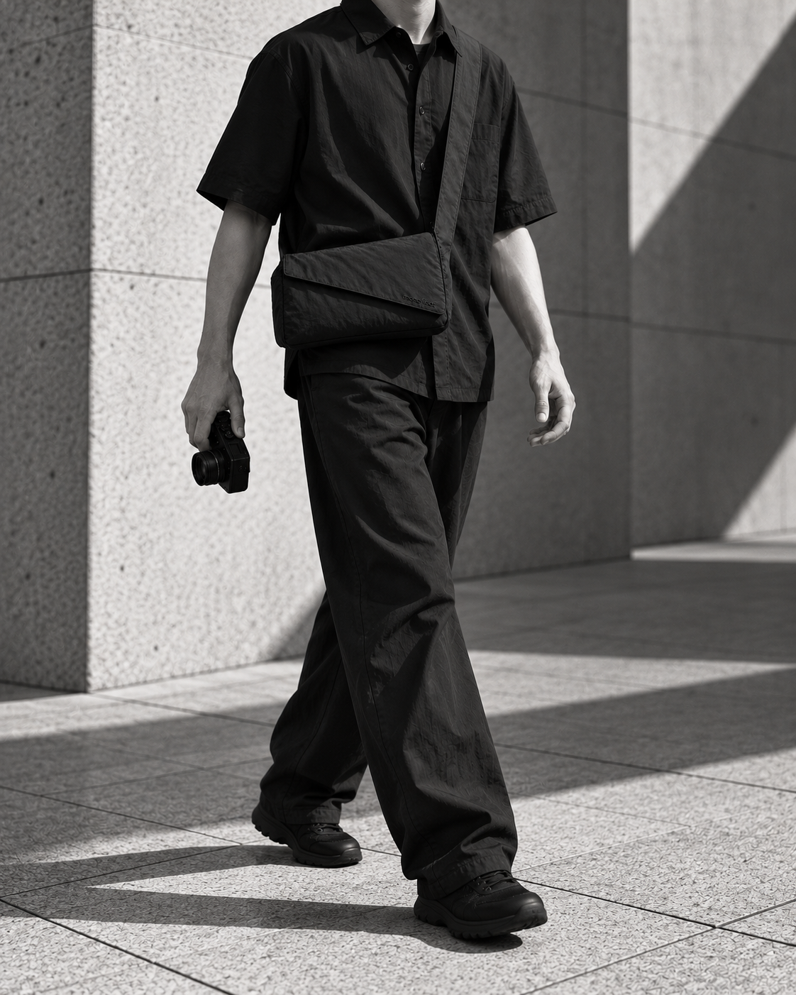 A street photographer carrying the compact Monofloat bag across the body.